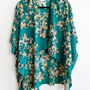 Maurices Teal Floral Kimono Cardigan Top Shawl Coverup